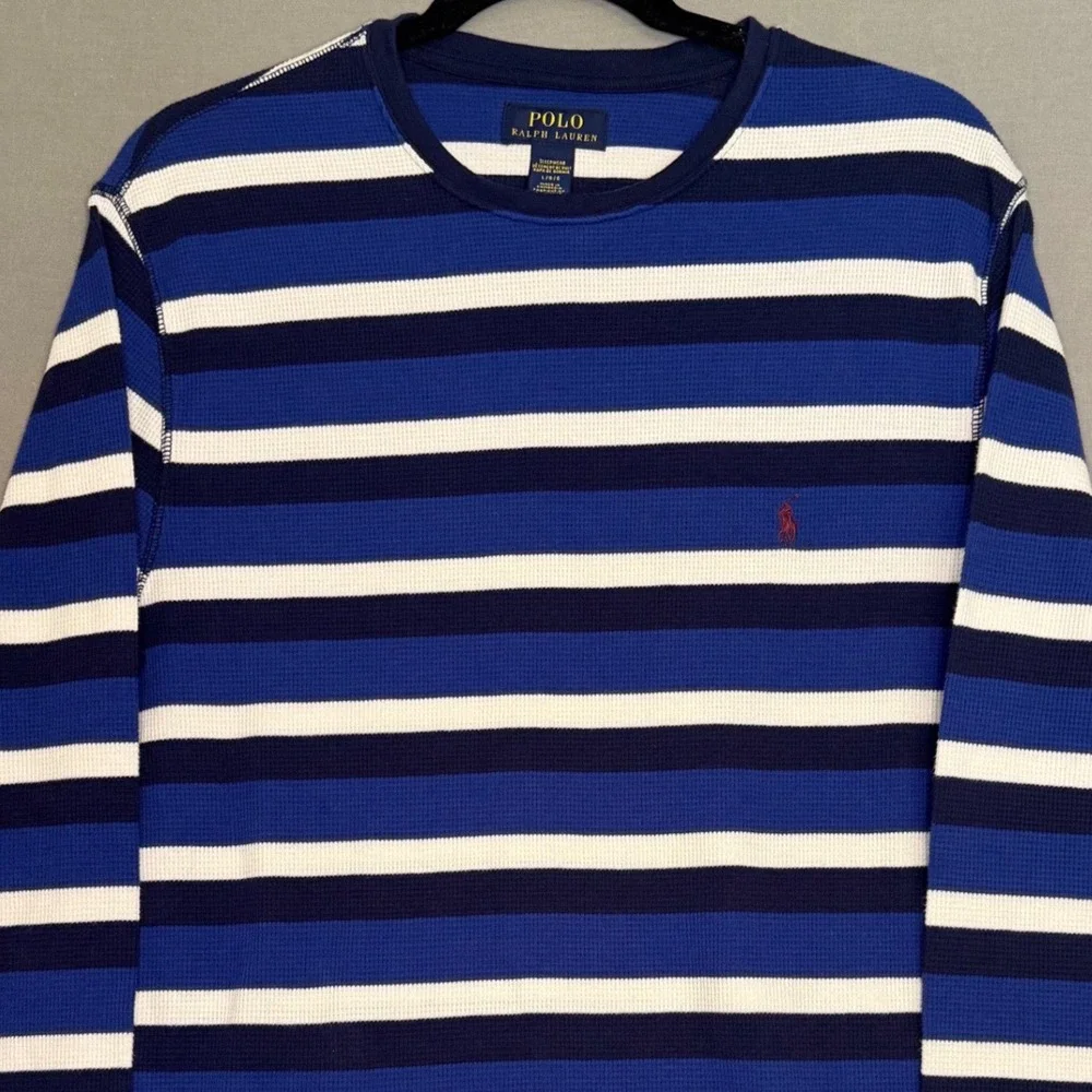 Polo Ralph Lauren Mens Large Blue Striped Waffle Knit Thermal Sleep Shirt L